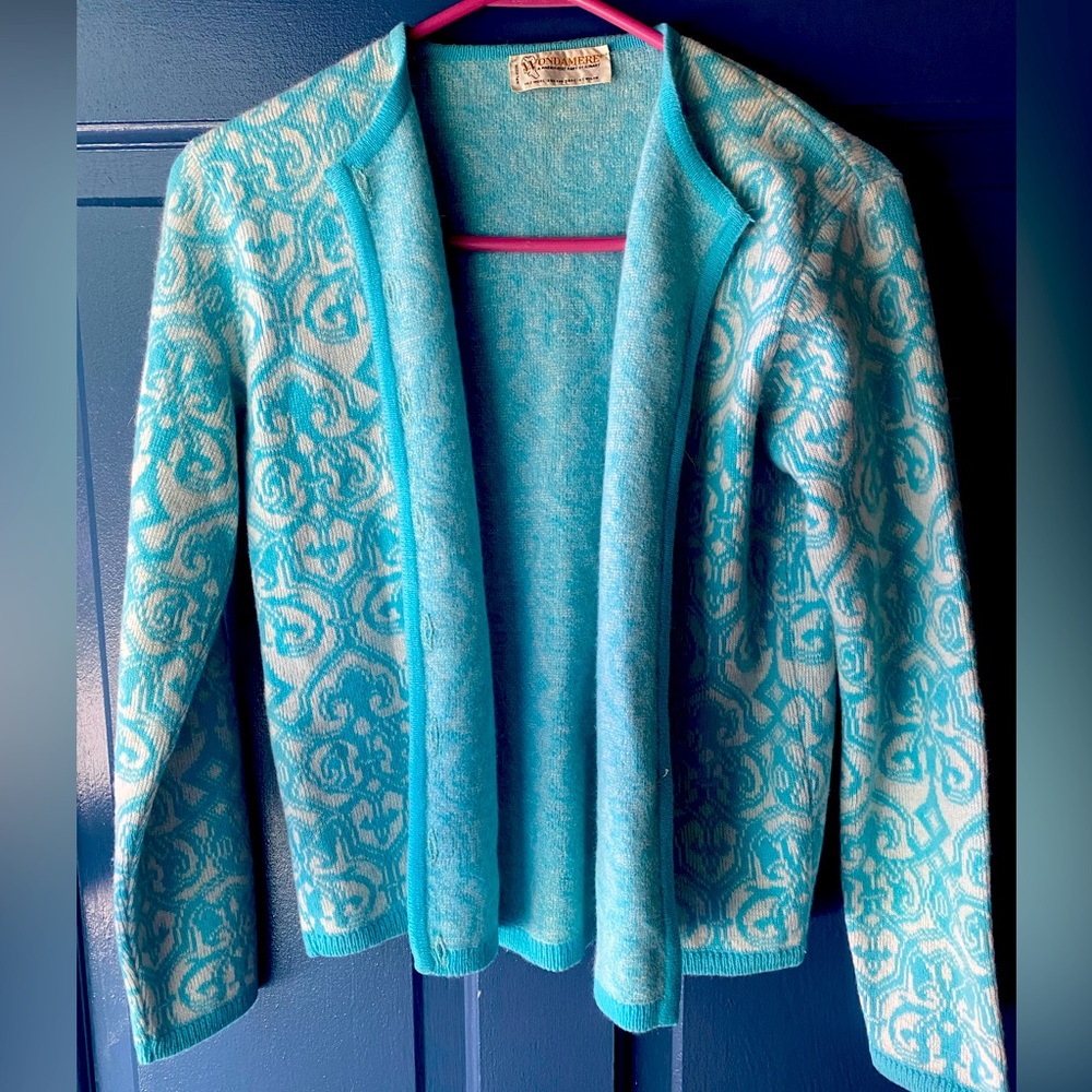 Vintage Wondamere Blue And Cream Wool And Fur Fibre Cardigan Sweater